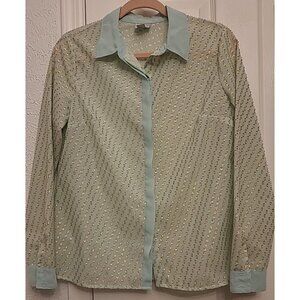 Worthington Shirt Womens MED Mint Green & Gold Button Up METALLIC Long Sleeve